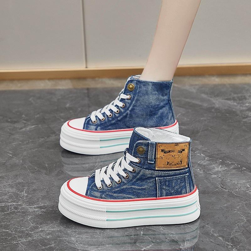 

Женские парусиновые туфли на платформе с высоким берцем 2024 года — стильные, на толстой подошве, визуально увеличивающие рост, идеально подходят для лета и юбок! Random Pair in Stock