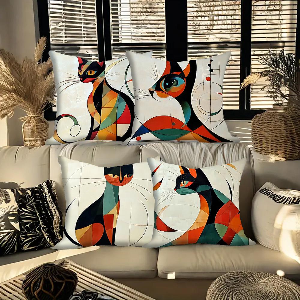Abstract Geometric Cat Digital Printing Pillow Cover Short Plush Suitable Living Rooms Bedrooms Sofas Throw Cushion Cover 4Pcs