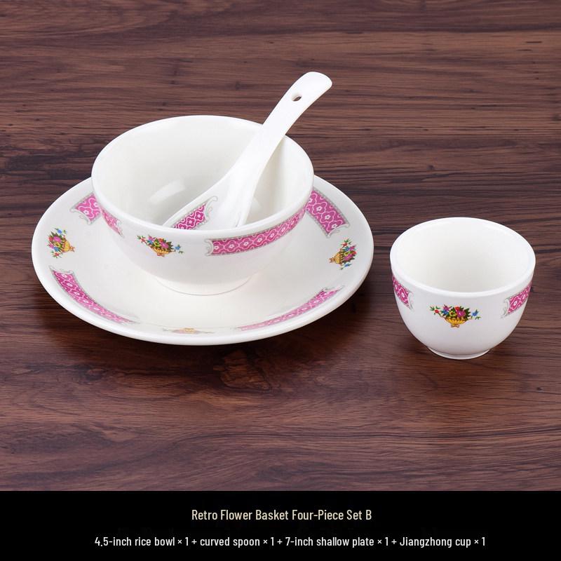 Hong Kong Style Vintage Ceramic Tableware: Fish Plate, Kway Teow Dish, Noodle Soup Bowl, Rice Bowl.