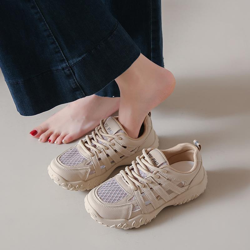 Leather mesh breathable dad shoes 2025 summer new women's shoes thick-soled hole hollow casual sports shoes