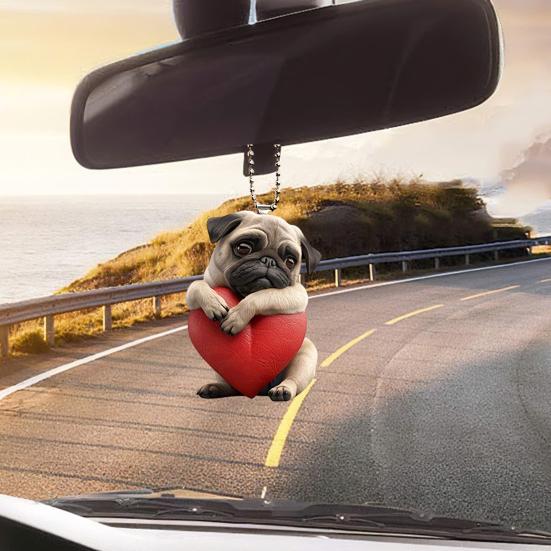 Acrylic Heart Dog Car Hanging Ornament Cute Puppy Pendant with Red
