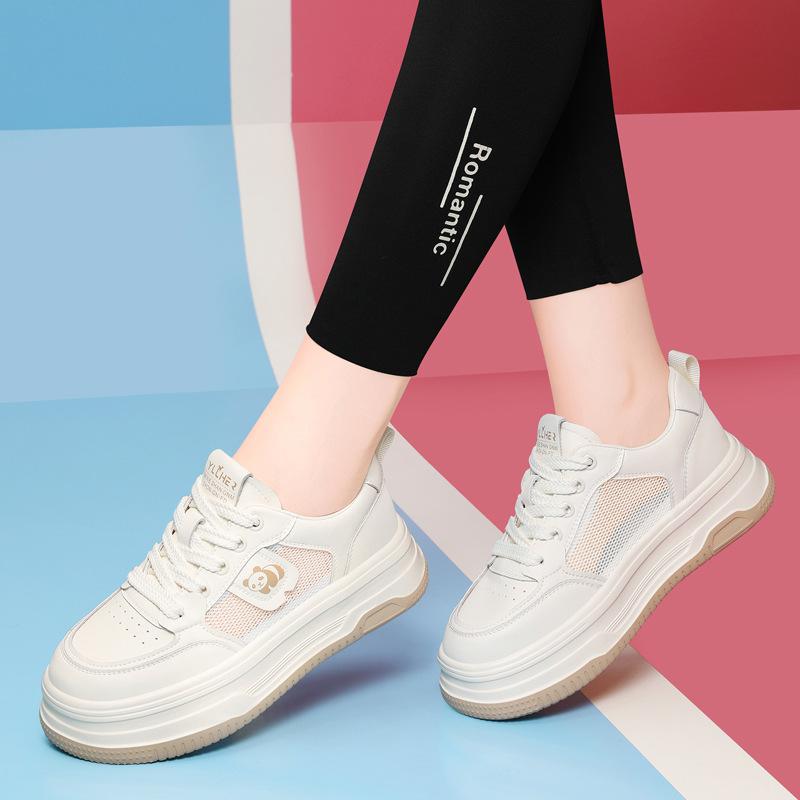 Thick-soled breathable little white shoes versatile women's shoes spring new leather round head mesh shoes casual sports board shoes