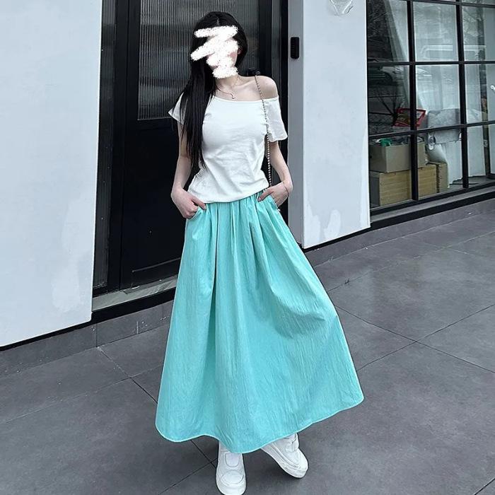 

Yamamoto Qun women s summer apricot high waist pleated new long dress loose and thin casual and fresh A-shaped skirt 3XL озеро зелений колір