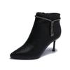 Stivaletti a punta da donna in pelle artificiale con tacco alto, stivaletti corti con tacco sottile, caldi a metà gambale, pendolari, alla moda, scarpe in pelle, cerniera laterale