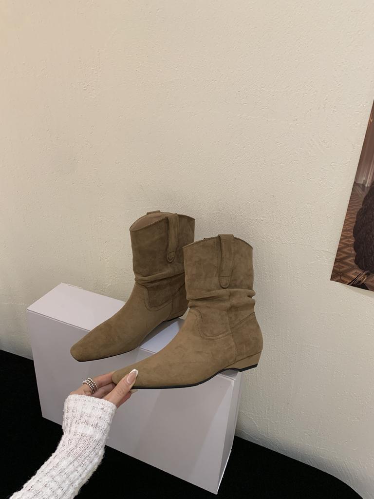 2025 Retro Low-heeled Square-headed Western Cowboy Stacking Boots Women's Autumn and Winter New Martin Boots Thin Boots