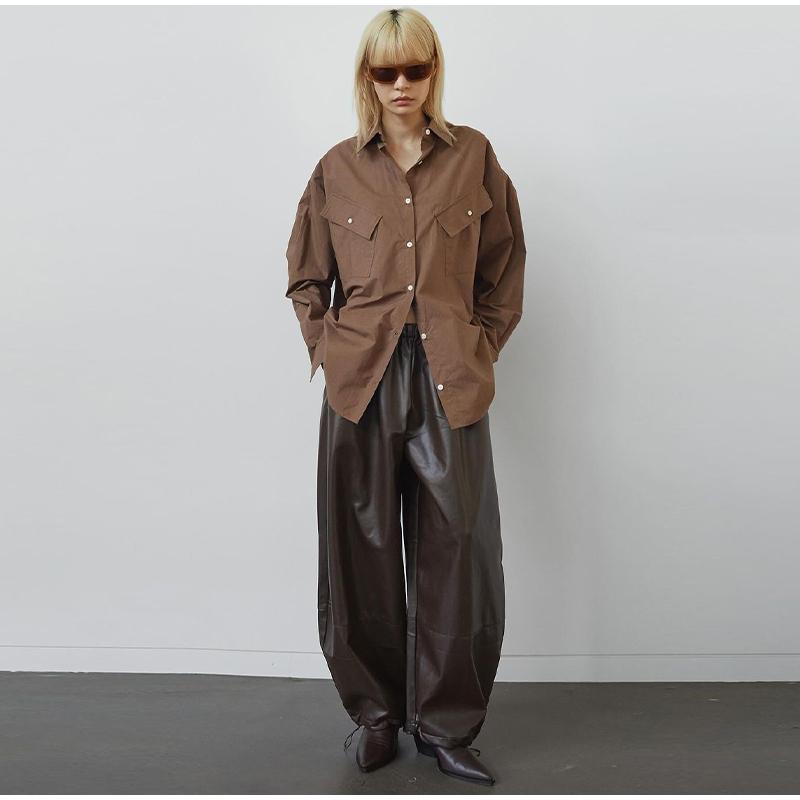 Drawstring Drawstring Lantern Leather Pants Women's Solid Color Autumn and Winter New Leather Pants Daily All-match Style Women's Pants