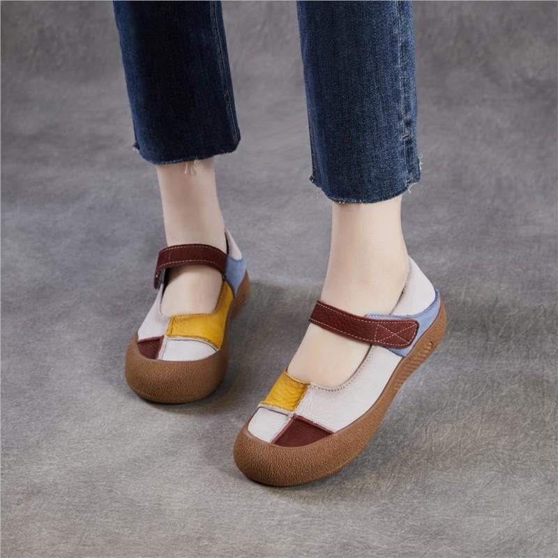 Johnature Genuine Leather Mixed Colors Soft Soled Women's Shoes Retro Round Toe Shallow Flat Shoes