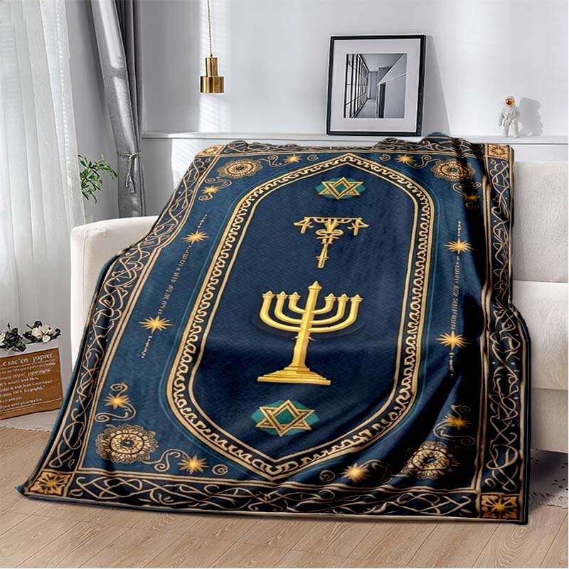 Golden Seven Branch Menorah Star David Sacred Symbol Celtic Knot Navy Blue Print Soft Flannel Throw Blanket Sofa Bed Jewish Holiday Warm Decor Cover 80cm x 120cm