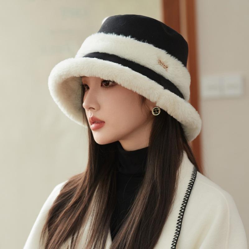 Autumn and Winter Thickened Plush Splicing Bucket Hat Women's Ear Protector Hat Basin Hat for Casual & Formal Outfits, Cold Weather Gear