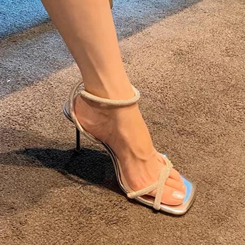 One-word Buckle Rhinestone Sandals Open-toe Tide 2025 Summer New Fairy Style High Heels Female Stiletto