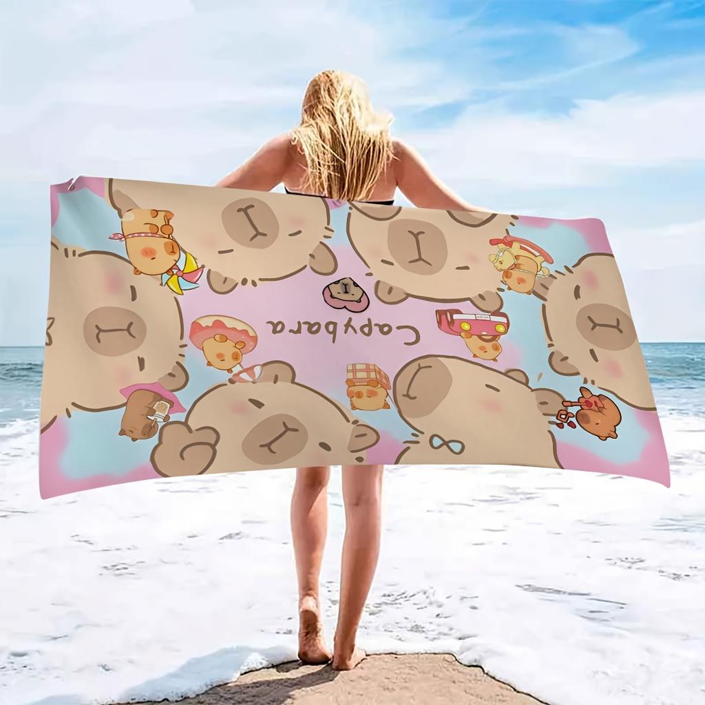 1 pièce Serviette de Plage Ultra Douce en Microfibre | Motif Dessin Animé Capybara Mignon, Polyester, Parfaite pour la Plage, la Piscine, la Salle de Sport, le Yoga, Idéal