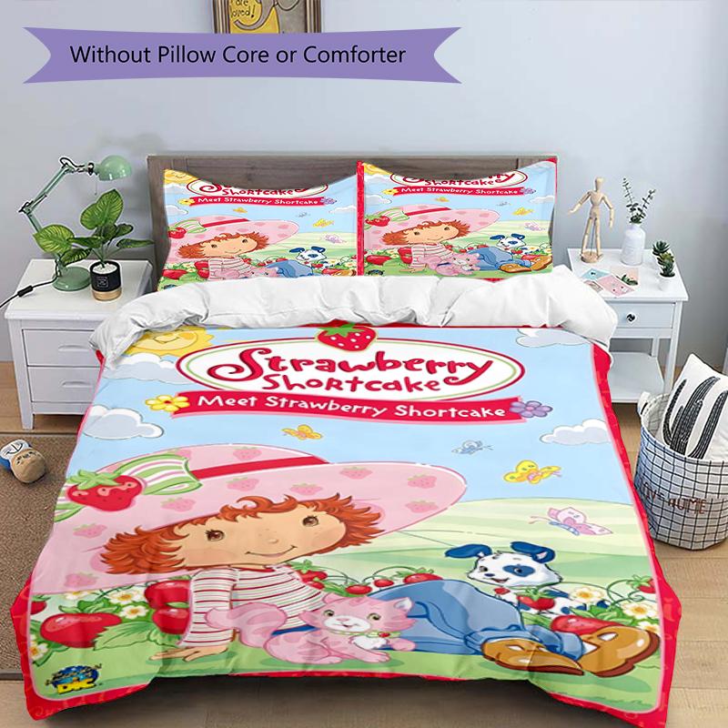 3pcs Strawberry Princess3 Design Cover Set - HD Printed Bedding with 1 Cover and 2 Pillowcases - Perfect for Home and Dorm Decor