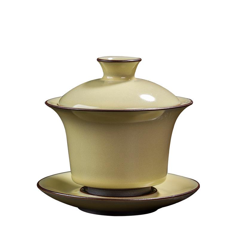 Ceramic iron-core Huangru kiln gaiwan, cracked slice can nurture the Three Talents, tea bowl, brewing tea bowl, offering tea bowl, household tea set