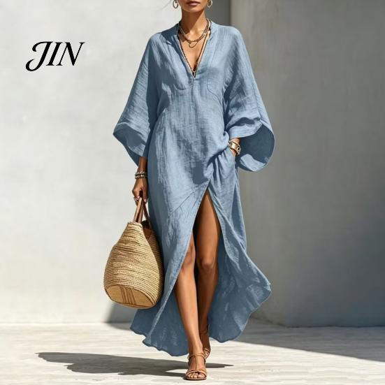 Breathable Casual Dress Women's Cotton Linen Maxi Dress, V Neck Batwing Sleeve Comfortable Daily Wear High Split Loose Beach Sundress with Pockets