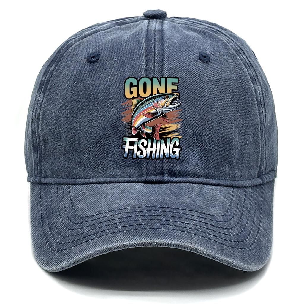 Classic Gone Fishing Dad Hat Vintage Washed Cotton with Fish Graphic Relaxed Outdoor Baseball Cap For Unisex Women