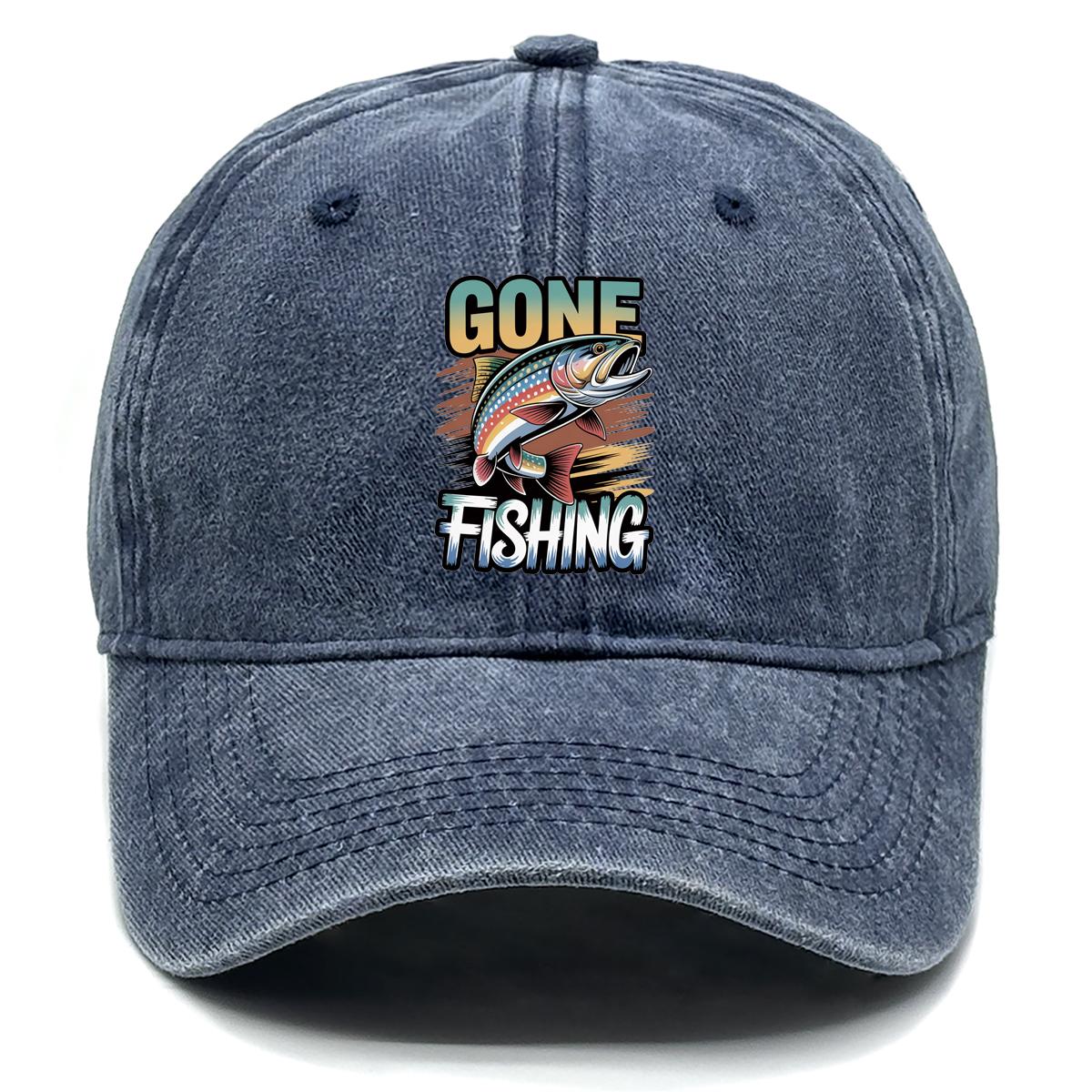 Classic Gone Fishing Dad Hat Vintage Washed Cotton with Fish Graphic Relaxed Outdoor Baseball Cap For Unisex Women