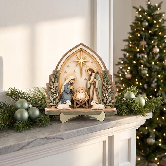 Stabile Futterkrippe Kunst Krippenszene Holz Tischdekoration, Weihnachten Heilige Familie Figur Dekoration, Dekorative Ornamente für Eingang Religiöse Weihnachten