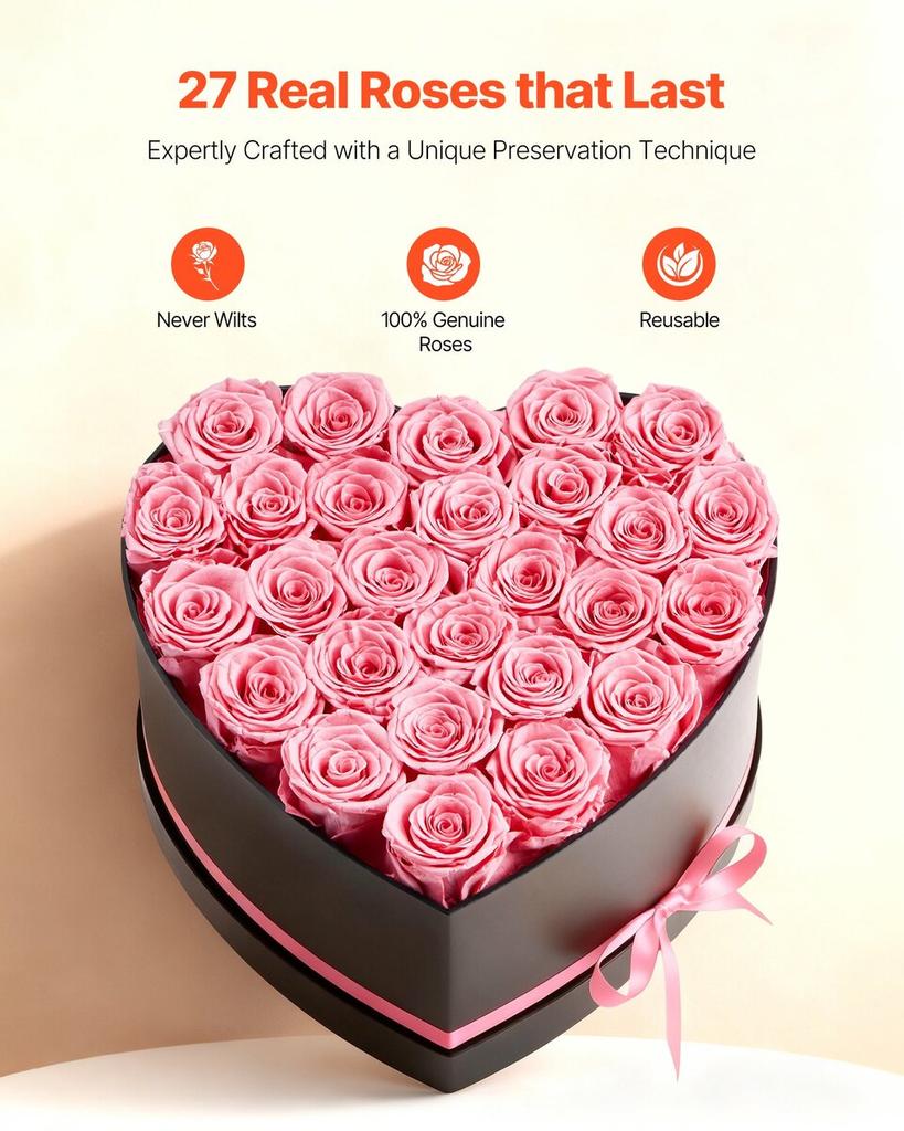 Fiori Eterni, 27 Rose Stabilizzate in una Scatola a Forma di Cuore, Bouquet Immortale di Fiori Eterni Regalo di Compleanno per Donne Lei Moglie Madri, Anniversario,