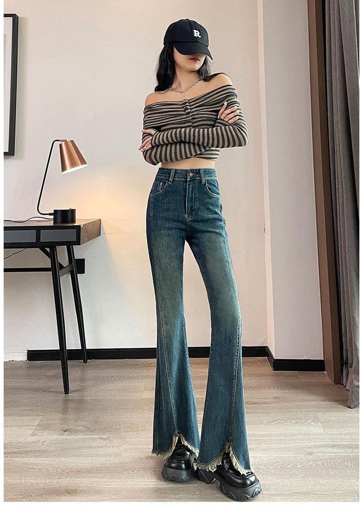 Women's High Waist Slimming Velvet Tassel Flare Jeans with Split Hem - 2025 Autumn/Winter Collection