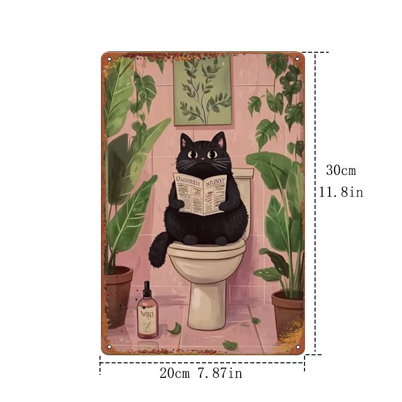 

Vintage Pink Cat Reading on Toilet Metal Wall Sign Retro Iron Bathroom Decor with Black Kitten cm x cm (x) 20x30cm（7.8x11.8inch）