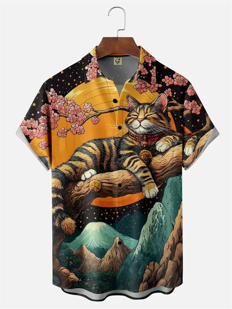 Men's Retro Short Sleeve Beach Shirt Summer Casual Ukiyoe Kitten Fishing Shark Print Hawaiian Shirts Men's Lapel Aloha Shirt