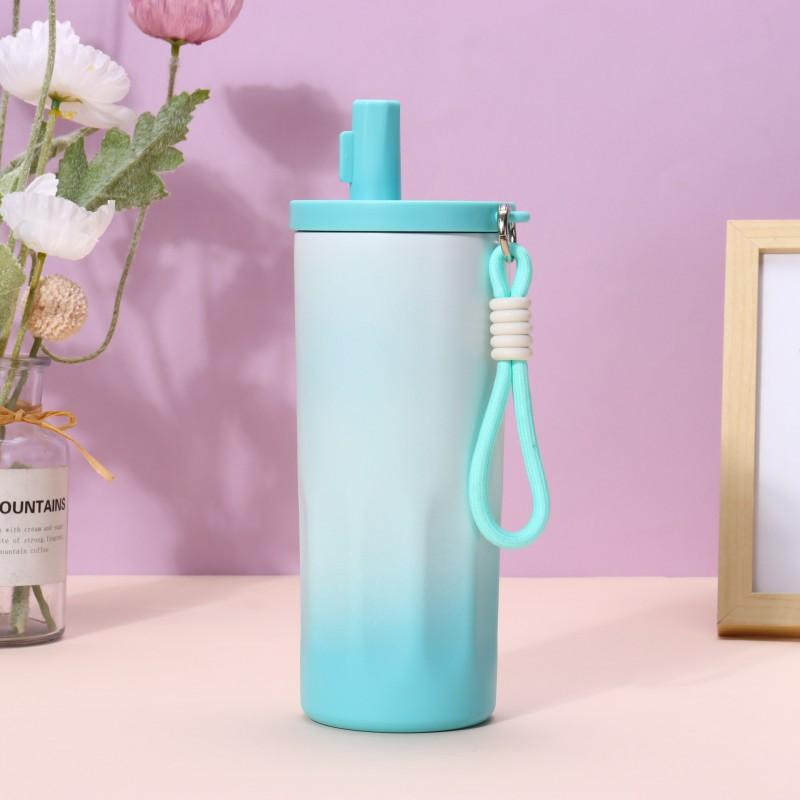 Stainless Steel Vacuum Insulated Tumbler With Straw Lid Carry Rope 600ml Portable Travel Coffee Cup Office Outdoor