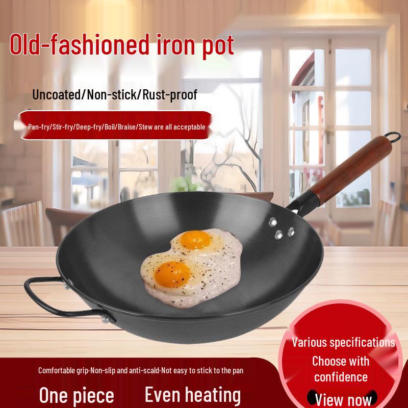 Jiuhuang Antihaft-Eisen-Wok mit rundem Boden - Unbeschichtet, Rostfrei, Kein Einbrennen erforderlich