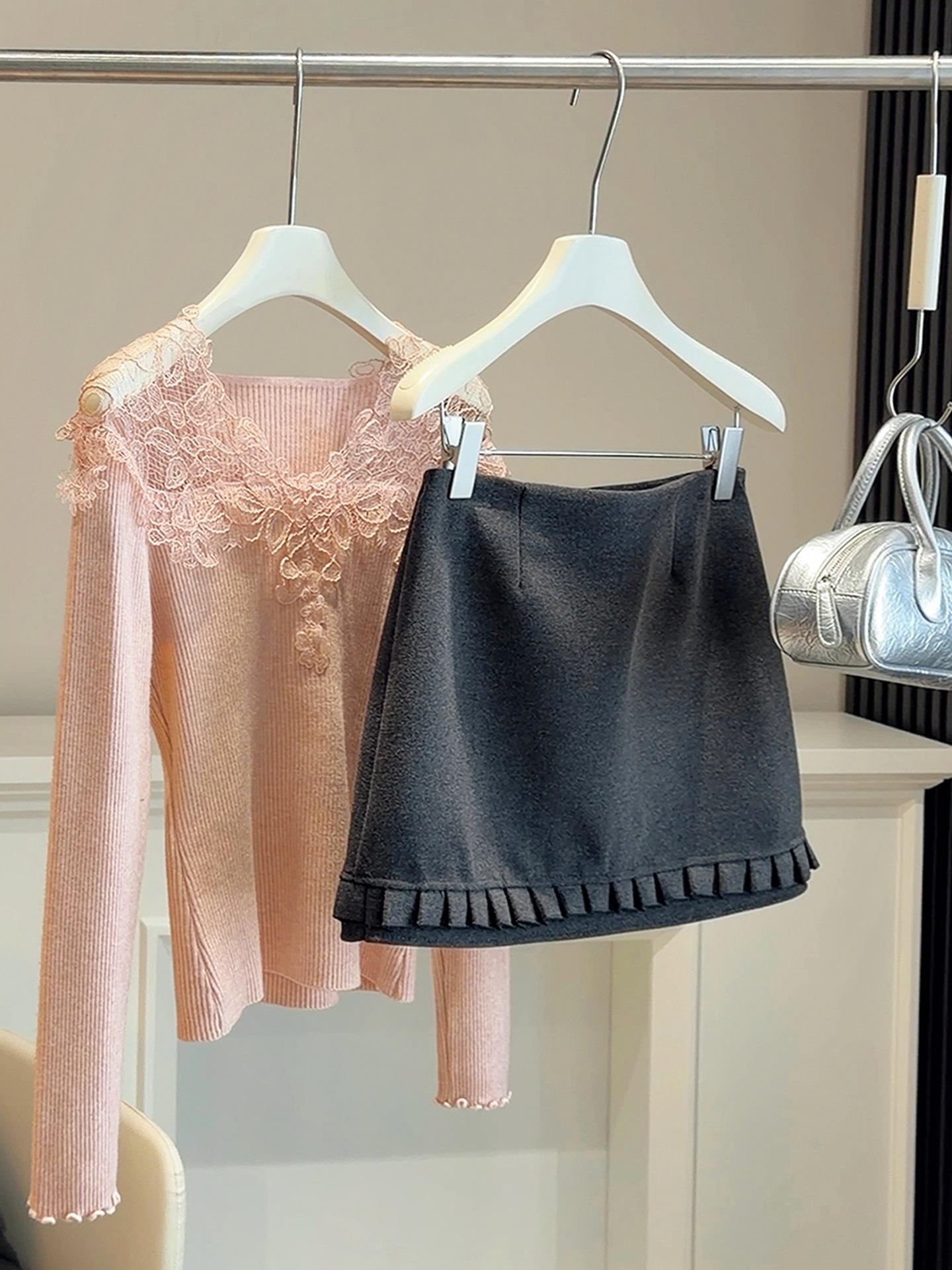 2025 Korean Style High-Waisted Woolen A-line Lace Skirt for Autumn/Winter Medium серый