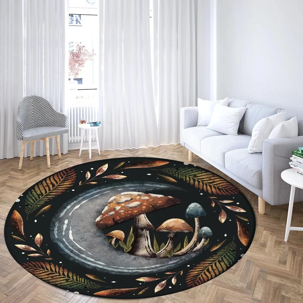 Boho Mushroom Butterfly Round Rug Cartoon Mushrooms Carpet for Living Room Office Bathroom Decor Kawaii Fungus Indoor Floor Mat