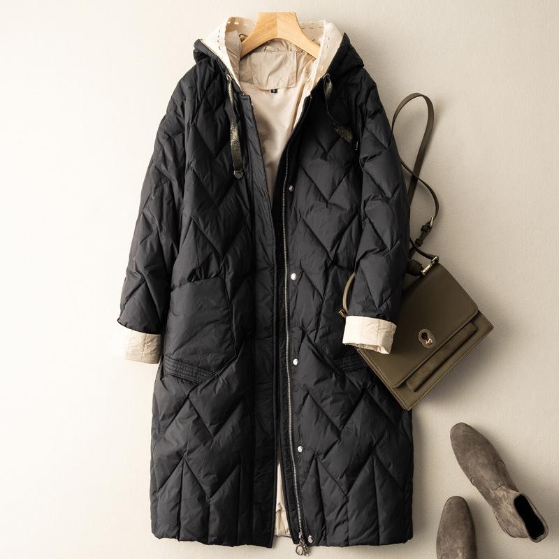 

Зимняя легкая куртка-пуховик для женщин, свободная повседневная куртка с капюшоном, длинное пальто, женская повседневная свободная клетчатая парка, зимняя одежда, верхняя одежда L чёрный