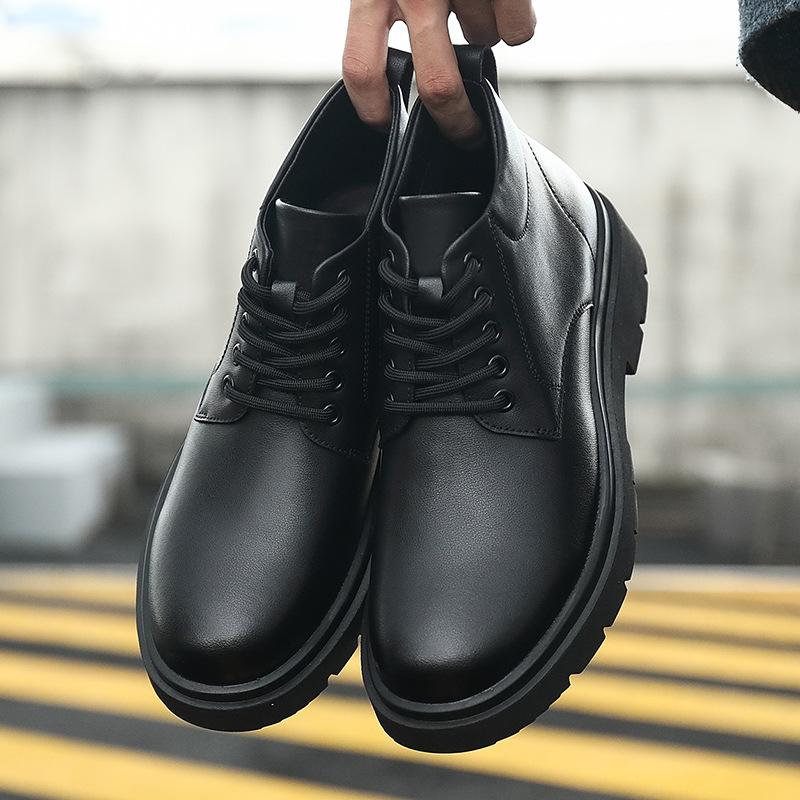 Martin Boots Men's British Style Mid-help Casual Leather Shoes Black Lace-up Tooling Shoes Autumn and Winter New Men's Velvet Shoes