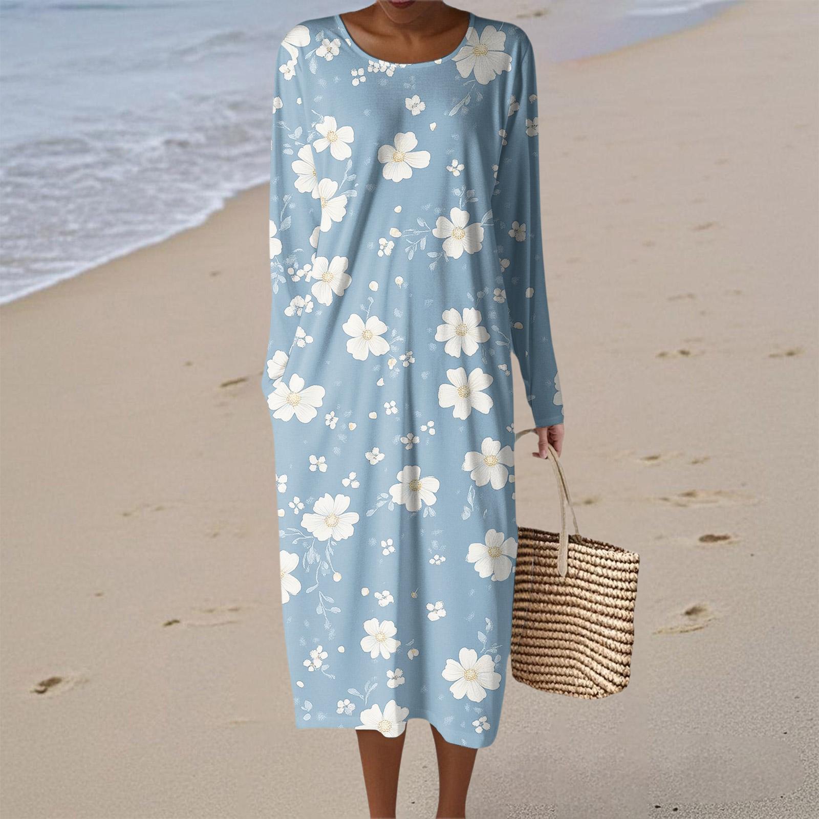 

Женское модное повседневное платье с длинным рукавом, цветочным принтом, круглым вырезом, карманом, элегантное, сдержанное XL небесно-голубой