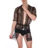 Sissy İç Çamaşırı Pijama Erotik Erkek Seksi Dantelli Kimono File Şeffaf Kısa Gecelik Crossdress Gey Gece Kulübü Giyim