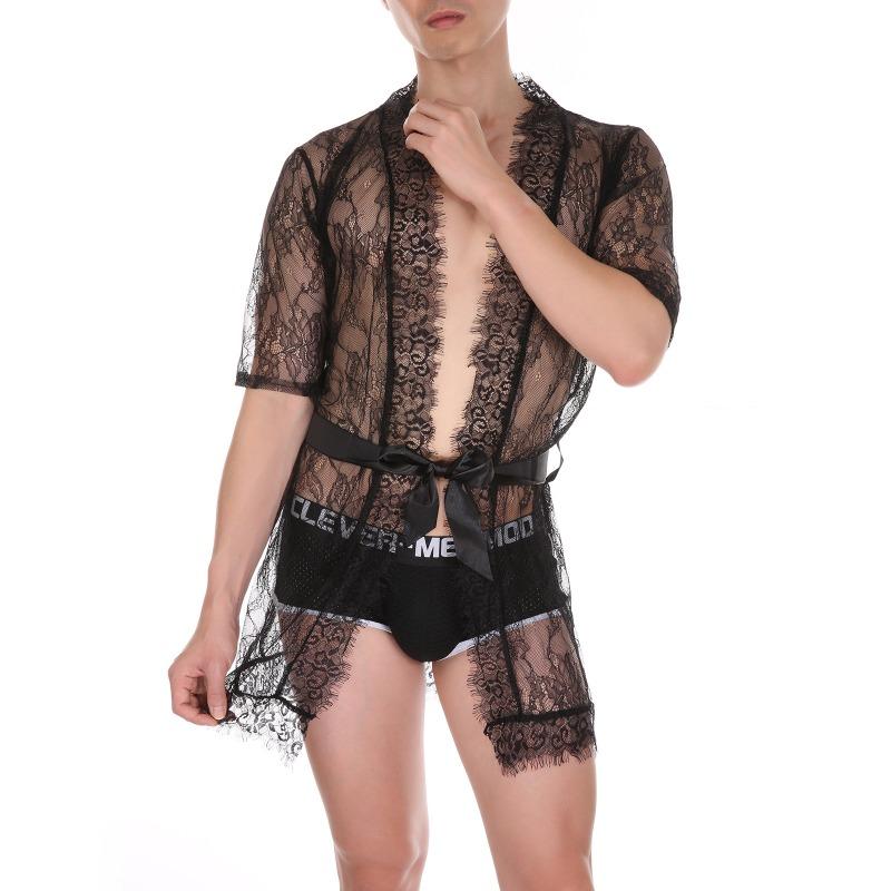 Sissy İç Çamaşırı Pijama Erotik Erkek Seksi Dantelli Kimono File Şeffaf Kısa Gecelik Crossdress Gey Gece Kulübü Giyim