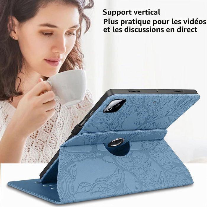 Coque + Verre Trempé pour Xiaomi Pad 8 /8 Pro/7/7 Pro/9, Etui Rotatif Synthécuir Relief Arbre Bleu