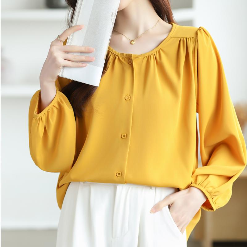 New Fashion Lantern Sleeve Loose Casual Blouse Women Single Breasted Elegant Solid Vintage Shirts Women Tops Round Neck Plus Size Ladies Blouses 26335