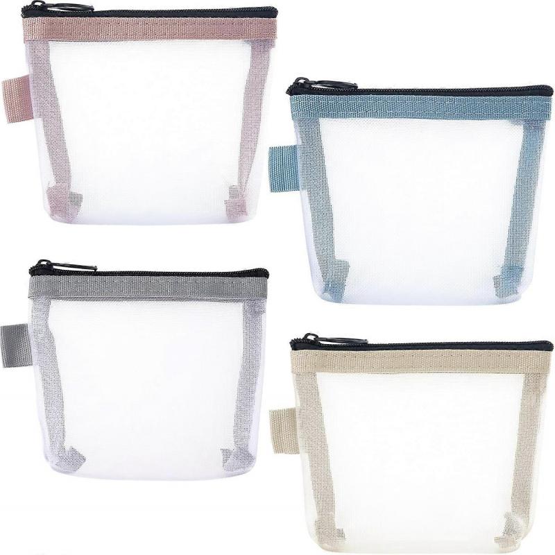 4 Mini Mesh Makeup Bags, Small Zippered Mesh Makeup Pouches, Portable Women's Makeup Bags, Wallets, Lipstick Keys, Essentials, Headphones, and Bank Ca