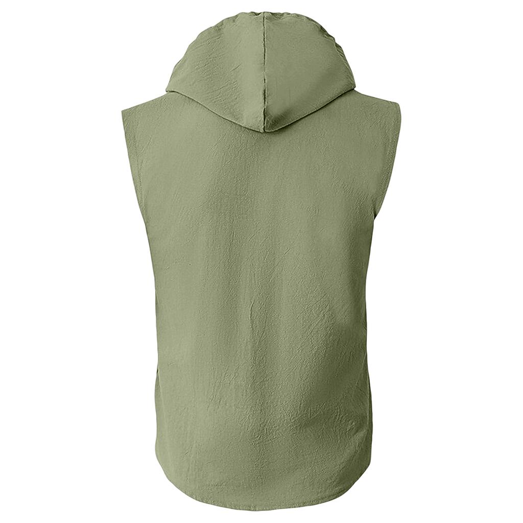 Men Sleeveless Hooded Vest Button Front Linen Cotton Blend Casual Lightweight Summer Shirt Outerwear