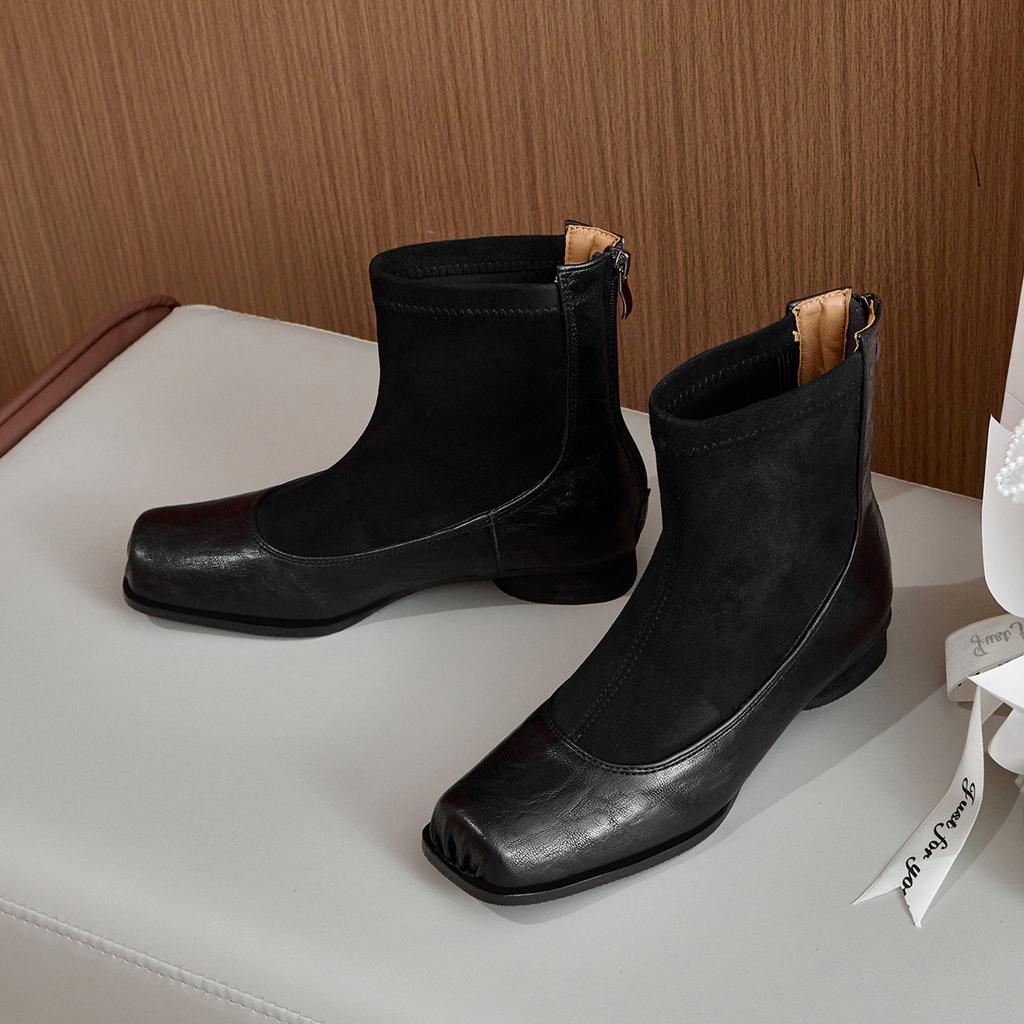 Ballet women's boots pig nose short boots leather single boots 2025 autumn and winter thin boots retro square head ballet shoes