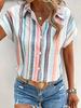 Women's Spring Summer Soft Multicolor Vertical Stripe Print Lapel Collar Shirt, Loose Button Front Light Vacation Blouse
