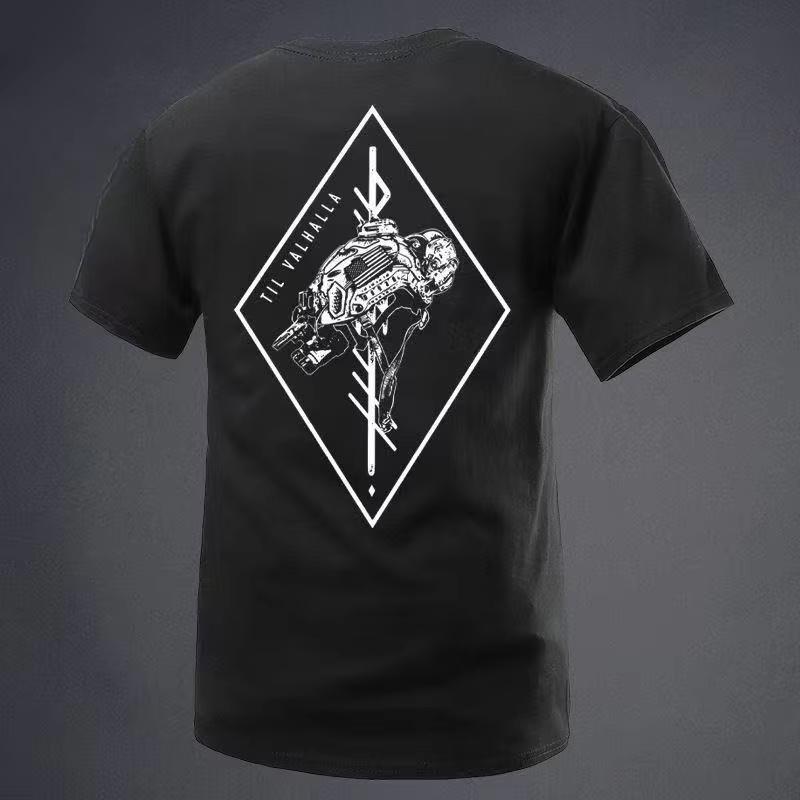 2026 Summer New Military Style Tough Guy Style Checkered Tactical Helmet Round Collar Men ShortSleeve Tshirt Tough Guy Clothing