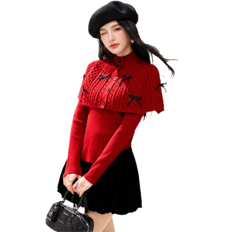 Red High Neck Patchwork Sweater & Skinny Knitwear Two-Piece Set, 2026 Lazy Style