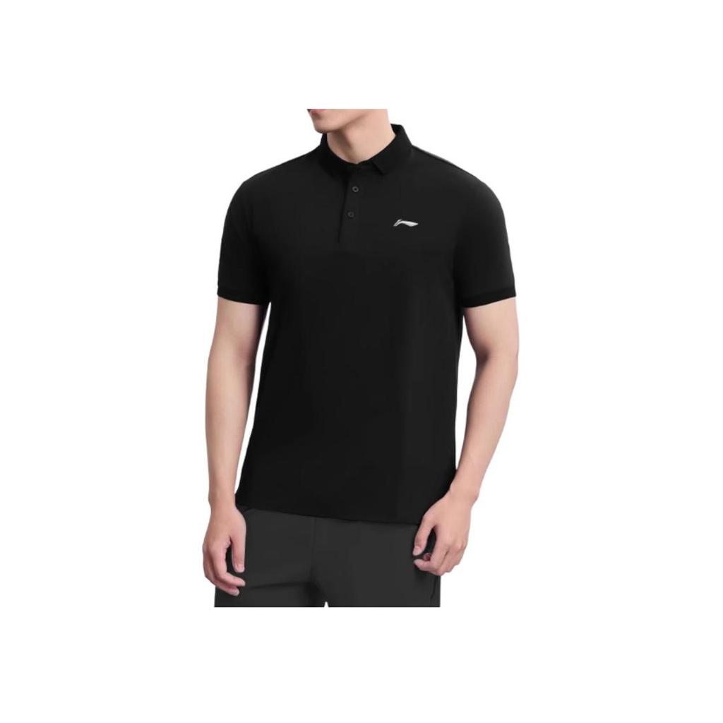 Li-Ning Oddychająca koszulka polo w jednolitym kolorze Męskie topy Czarna APLT261-1