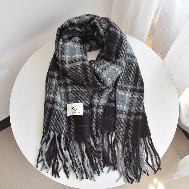 

Зимний шарф женская шаль ретро теплый толстый шарф осень и зима универсальный клетчатый новый рождественский дымчато-голубой ажурный