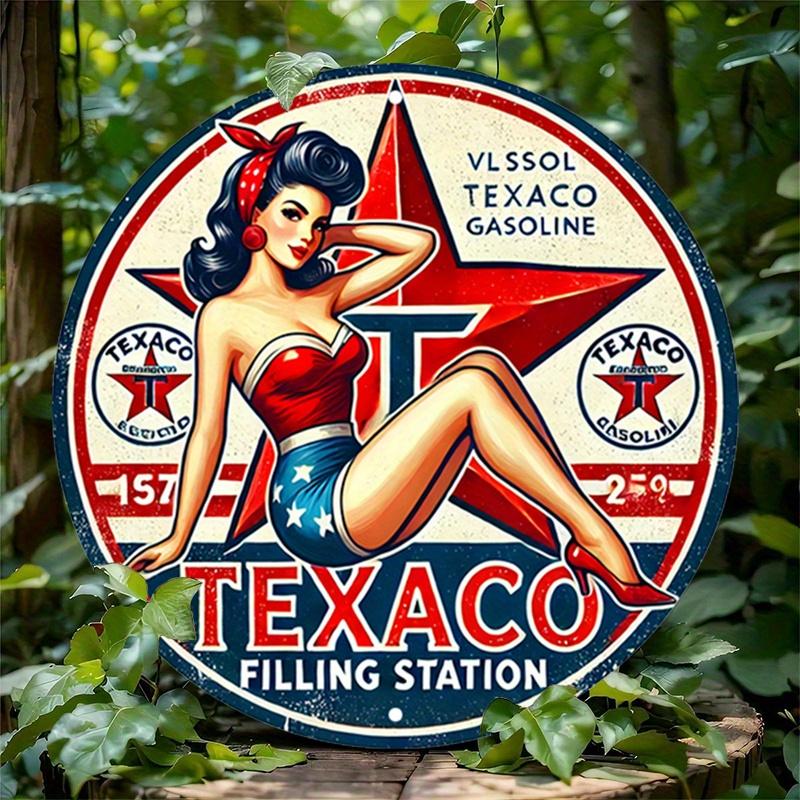 D Flat Texaco Filling Station PinUp Girl Round Tin Sign  Retro Gas Station PinUp Metal Wall Decor for Garage Man Cave Au 20x20cm(8x8inch)