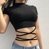 Damen Hochgeschlossenes Kurzarm Crop Top Schmal Geschnitten Einfarbige Kreuzschnürung T-Shirt 2026 Frühling Sexy Hohe Taille Gekürztes Oberteil