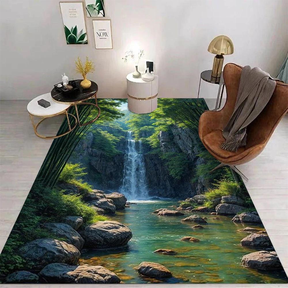 Natural Landscape Waterfall Forest 3D Art Area Rug Non Slip Soft Carpet For Living Room Bedroom Home Decor Nature Lovers Use