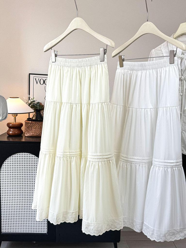 2026 Summer Women's White A-Line Lace Trim Flared Long Skirt with High Waist and Pleats