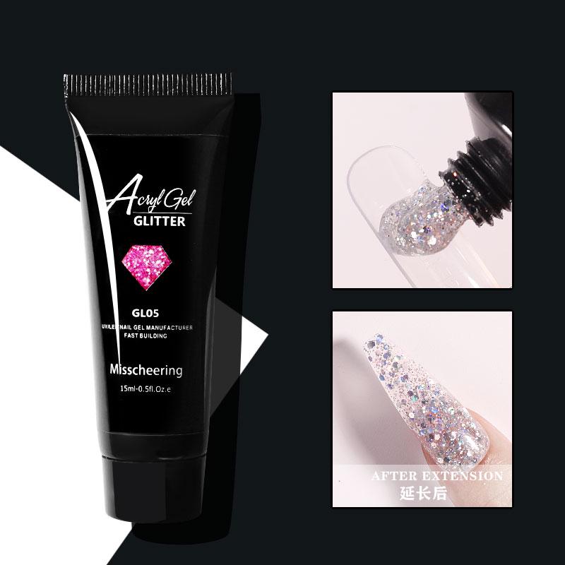 15ML Polygel für Fingernagelverlängerungen Mix Glitzer Pailletten Schmerzloser Acryl-Gebäude-Gel-Lack Hybrid-UV-Gel-Nagellack
