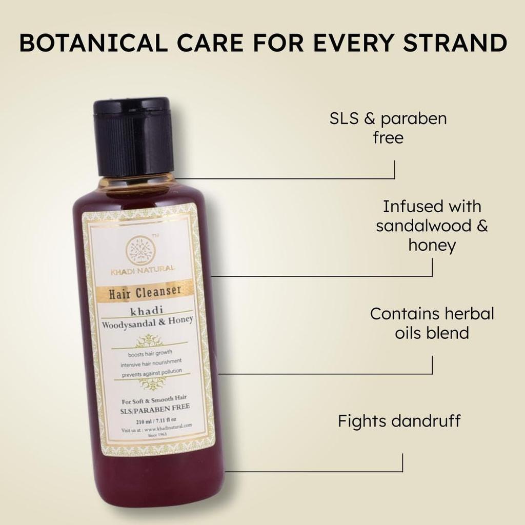 KHADI NATURAL Woody Sandal & Honey Hair Cleanser SLS Paraben Free 210ML Pack Of 1 For Smooth Hair